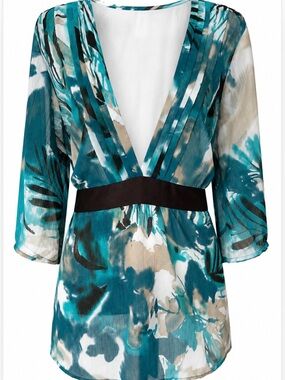 Teal Blue Abstract Watercolor Chiffon Blouse Plunge V Neck Empire Waist Top 16W